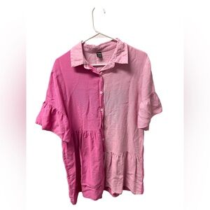 Seasty Women’s Large Pink Colorblock Button-Up Ruffle Sleeve Top